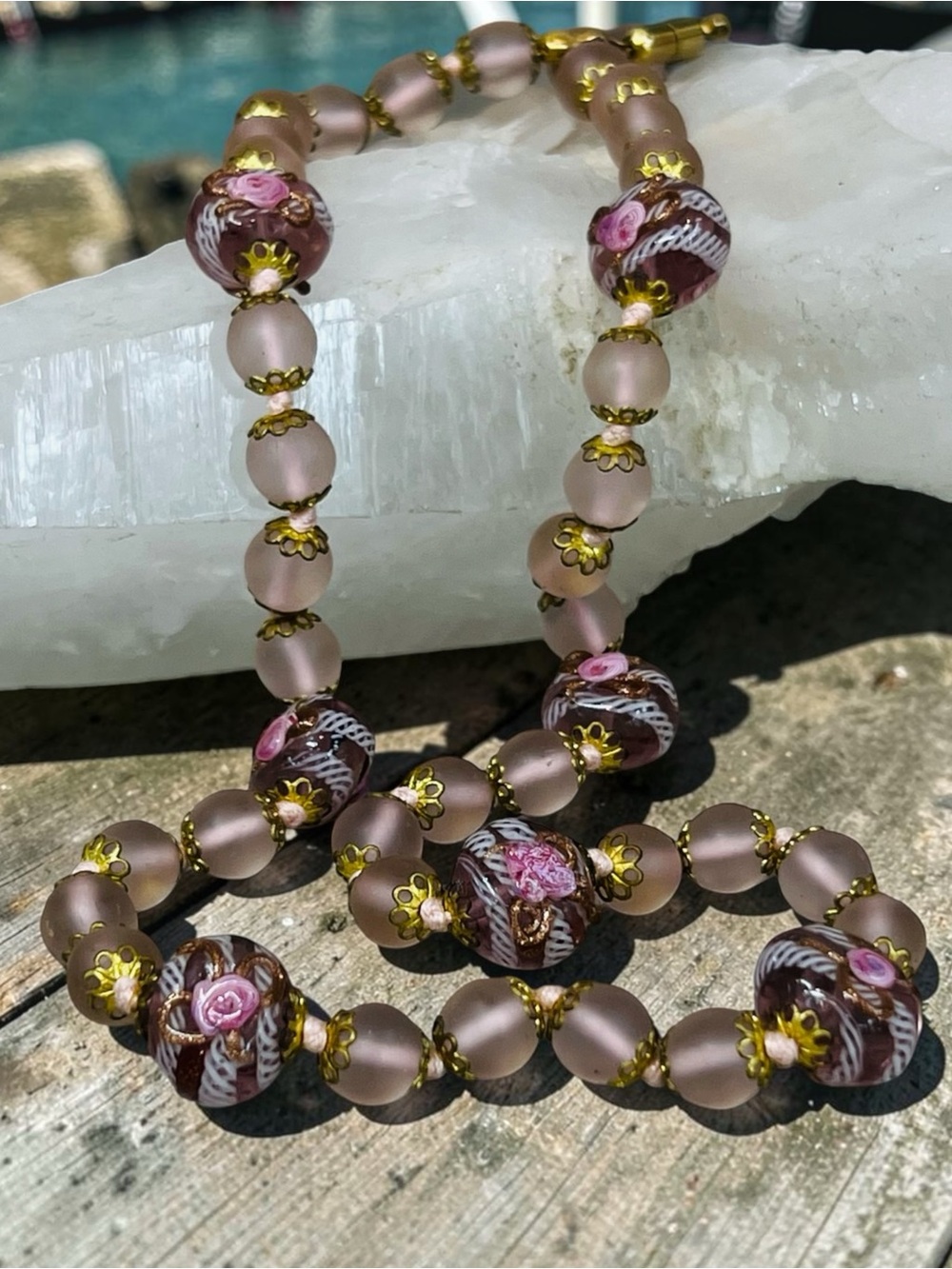 Vintage Murano Latticino Pink and White Wedding Cake Bead Necklace 1920-1930 20"